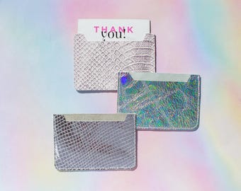 Iridescent Leather Card Wallet, Silver Leather ID Wallet, Business Card Holder, Holographic Card Holder, Leather ID Card Wallet