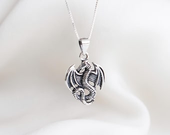 May include: A silver dragon pendant necklace. The pendant features a detailed dragon with outstretched wings and a curled tail. The necklace has a delicate chain. The dragon is a fantasy-themed accessory.