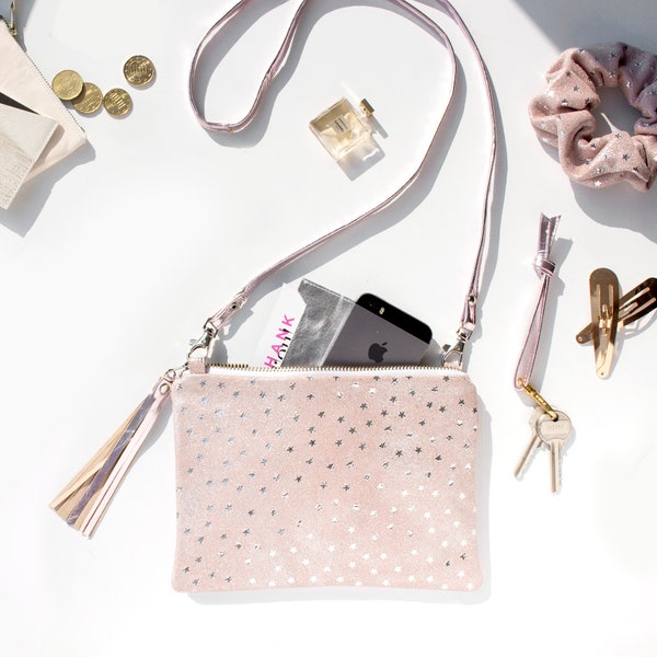Pink Silver Star Print Bag, Suede Star Shoulder Bag, Pink Star Leather Bag, Celestial Wedding bag, Birthday Gift Idea, Pink Star Print Purse