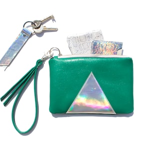 Green Iridescent Leather Wristlet, Hologram Leather Clutch, Holographic Bag, Green Rainbow Clutch, Irish Green Purse, Glitter Cosmetic Bag
