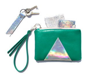 Green Iridescent Leather Wristlet, Hologram Leather Clutch, Holographic Bag, Green Rainbow Clutch, Irish Green Purse, Glitter Cosmetic Bag