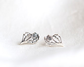 Dainty Silver Thistle Stud Earrings, Highlander Thistle Ear Jewelry, Sterling Scottish Thistle Ear Studs, Scotland Thistle Outlander Earstud