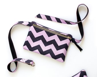 ZigZag Pink Belt Bag, Pink Leather bum bag, Flat Hip Bag, Art Deco Fanny Pack, Small black belt bag, ZigZag Fanny Pack, Flat Trendy Hip Bag