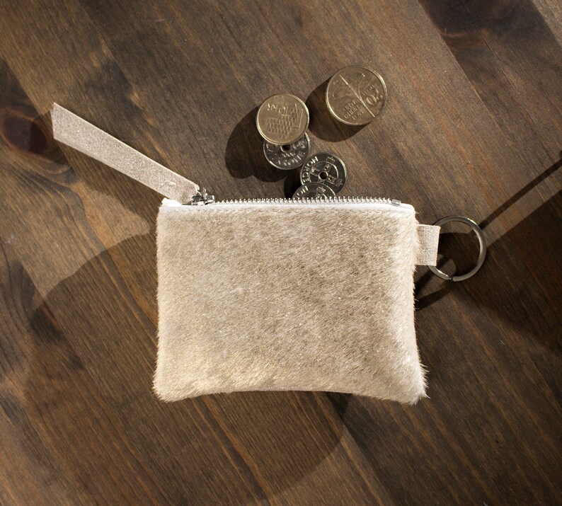Gold Key Pouch Tiny Coin Purse Beige Calf Hair Zip Pouch Credit Card Wallet Dalmatian Coin Purse Copper Coin Pouch Small Keyring Pouch