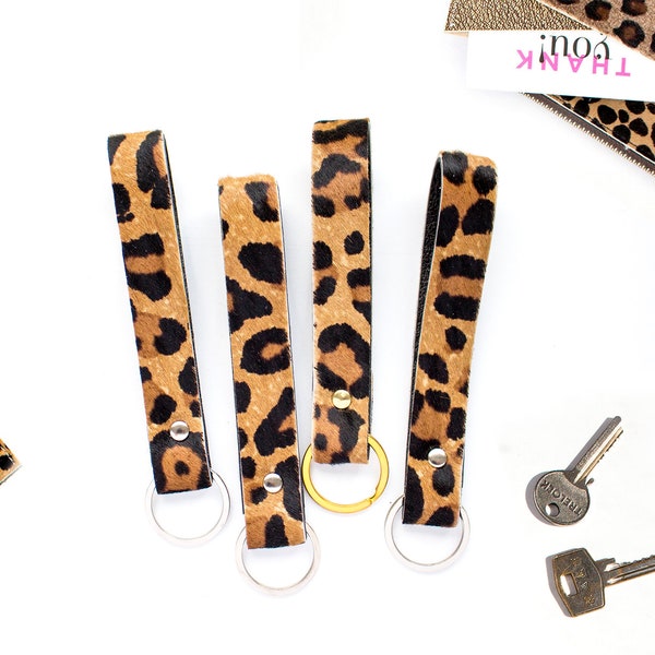 Leopard Leder Schlüsselanhänger, Schlüsselband Schlaufe Leder, Leopard Schlüsselband, Schlüsselband gold Leo, Schlüsselanhänger silber