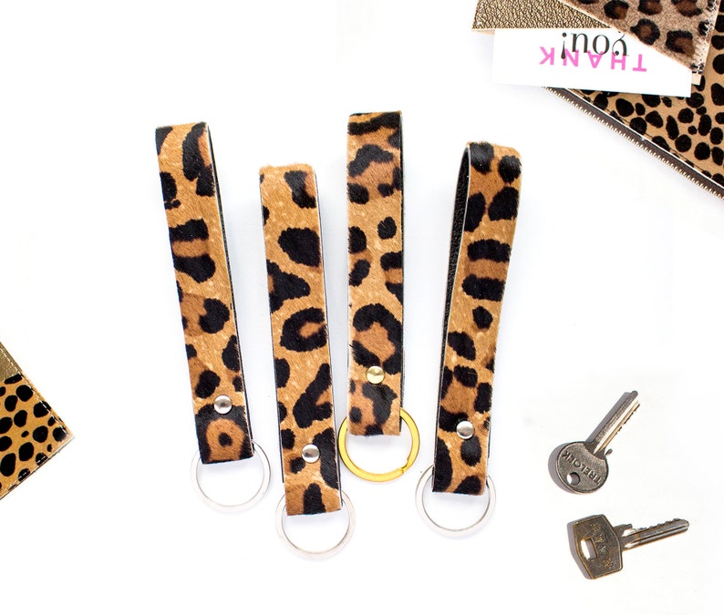 Leopard Leather Keyring, Gold Leopard Key Fob, Loop Leather Keyfob, Cheetah Key fob, Leather Key Loop, Calf hair Keychain image 1