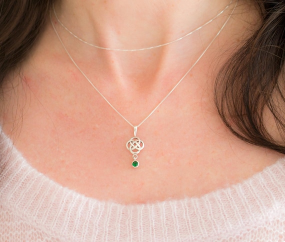 Silver Celtic Shield Knot Emerald Necklace, Dainty Celtic Knot