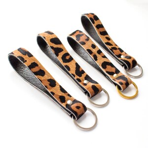 Leopard Leather Keyring, Gold Leopard Key Fob, Loop Leather Keyfob, Cheetah Key fob, Leather Key Loop, Calf hair Keychain image 3