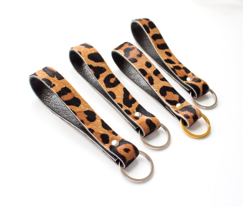 Leopard Leather Keyring, Gold Leopard Key Fob, Loop Leather Keyfob, Cheetah Key fob, Leather Key Loop, Calf hair Keychain image 3