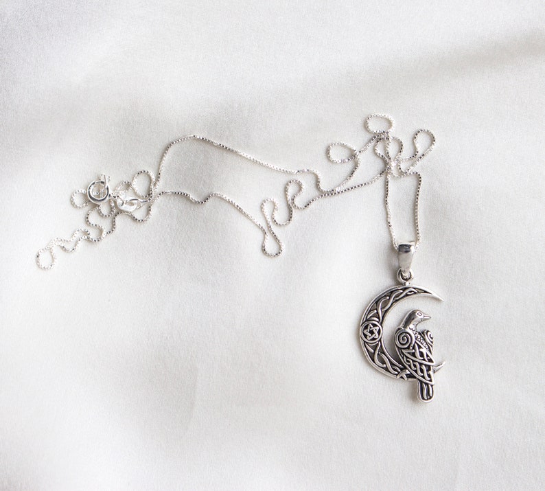 925 Silver Raven on Crescent Moon Pendant, Celtic Knot Raven Pendant ...