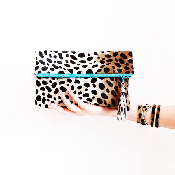 Leopard Leather Clutch, Leopard Fold Over Clutch, Leopard Party Bag, Leopard Leather Tassel, Cheetah Calf Hair Clutch