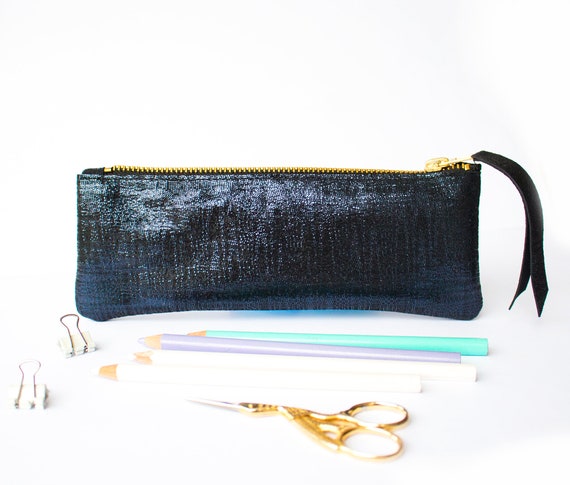 Blue Leather Pencil Case, Midnight Blue Pen Pouch, Long Zipper Cosmetic Bag, Navy Leather Zipper Case Stationary Supply