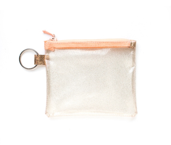 Transparent Keyring Zip Pouch, Plastic Zipper Pouch, Clear Glitter Zipper Case, Glitter ID Sleeve, Plastic Key Ring Pouch, Clear Coin Pouch