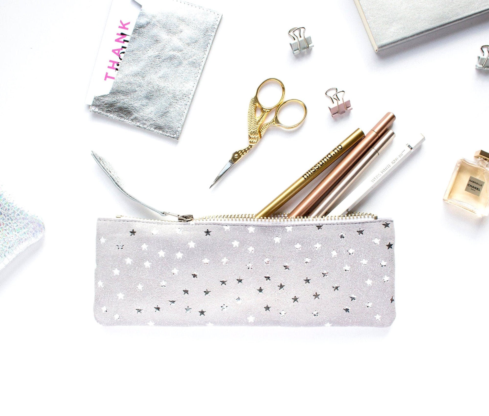 Leather Star Pencil Case Star Print Pen Pouch Celestial Cosmetic