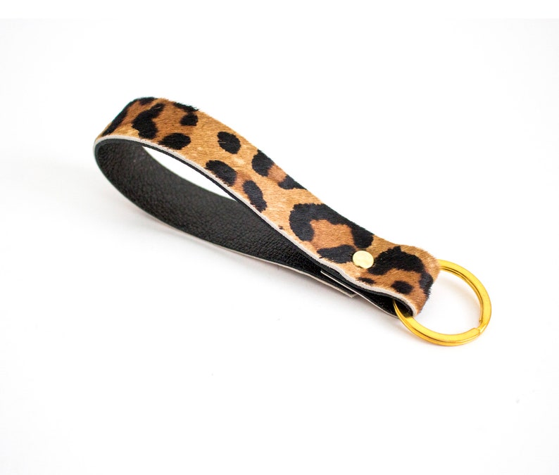 Leopard Leather Keyring, Gold Leopard Key Fob, Loop Leather Keyfob, Cheetah Key fob, Leather Key Loop, Calf hair Keychain leopard gold