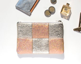 Leder Tasche Schachbrett Muster, Gold Geometrische Karo Clutch, Leder hologram Tasche, Rosegold Schach Täschchen, Geldbörse Leder gold