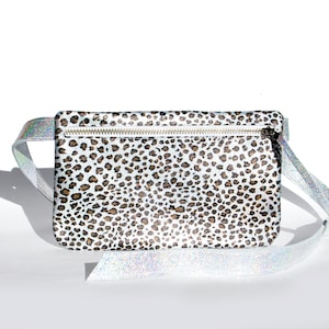 Leopard Leather Fanny Pack, silver leopard bum bag, Festival Hip Bag, Cheetah belt bag, Flat Mini belt bag, Silver Leopard Fanny Pack