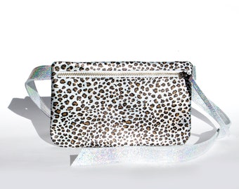 Leopard Leder Gürteltasche, Leopard Leder Wimmerl, Silber Leder Gürteltasche, Flache Bauchtasche, Leo Gürteltasche, Festival Gürteltasche