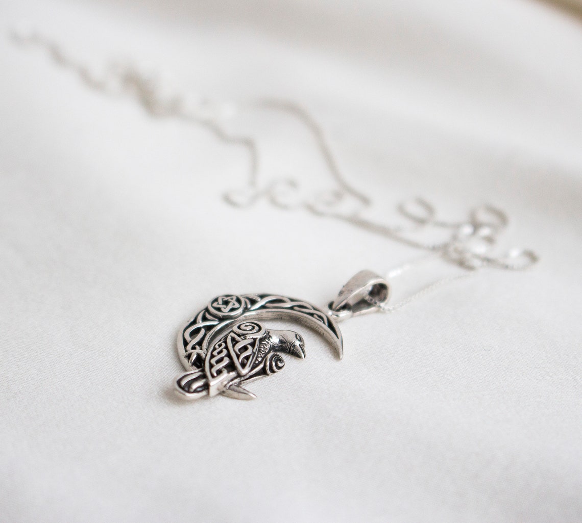 925 Silver Raven on Crescent Moon Pendant, Celtic Knot Raven Pendant ...