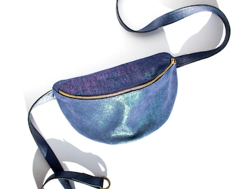 Blue iridescent Leather Hip Bag, Blue Glitter bum bag, Festival Leather Fanny Pack, Metallic Blue banana bag, Small Crossbody bag, Belt Bag