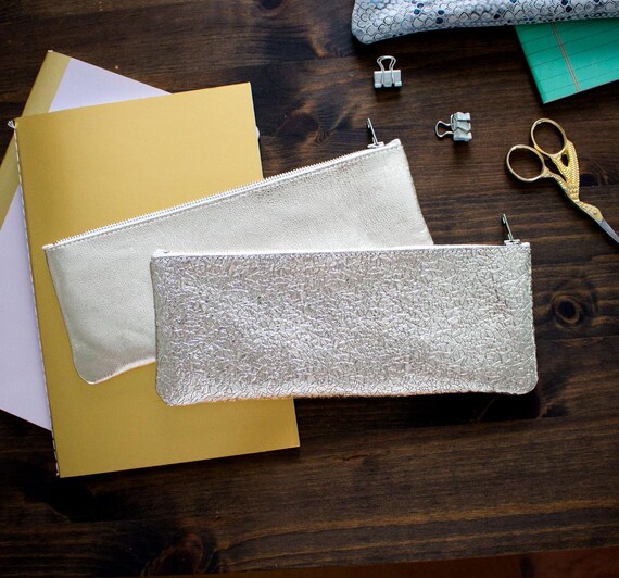 Gold Leather Pencil Case, Metallic Gold Pen Pouch, Gold Leather Cosmetic Bag, Metallic Gold Mini Pouch, Shiny Gold Leather Case