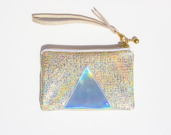 Gold Holographic Leather Wristlet, Gold Glitter Bridal Clutch, Wristlet Iridescent Gold, Gold Party clutch, Holographic Leather Clutch