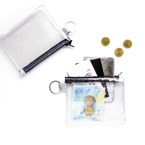 Transparent Keyring Zip Pouch, Plastic Zipper Pouch, Clear Glitter Zipper Case, Glitter ID Sleeve, Plastic Key Ring Pouch, Clear Coin Pouch