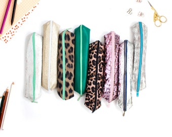 Mini Leather Pencil Case, Green Zipper Pouch, Slim Cosmetic Bag, Leopard Pencil Case, Artist Brush Case, Silver Pen Case, School Supplies