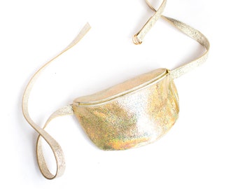 Gold Holographic Leather Hip Bag, Gold Glitter bum bag, Iridescent Fanny Pack, Gold banana bag, Small Crossbody gold, iridescent Belt Bag