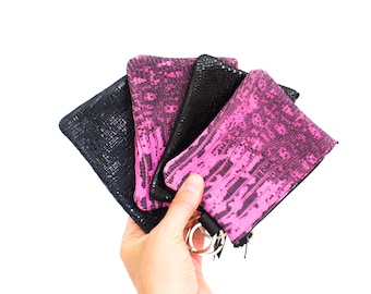 Leather Keyring Pouch, Blue Glitter Coin Purse, Black Lizard Coin Purse, Pink Reptile Keychain Pouch, Blue Change Purse, Monochrome Pouch