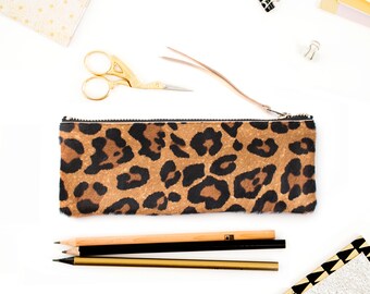 Leopard Pencil Case, Calf Hair Leopard Pen Pouch, Slim Make up Pouch, Cheetah Zipper Pouch, Leopard Print Zip Pouch, Small Leopard Pouchette