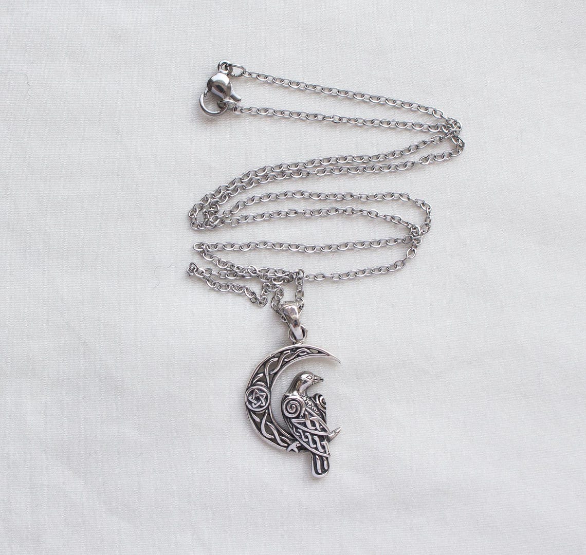 925 Silver Raven on Crescent Moon Pendant, Celtic Knot Raven Pendant ...
