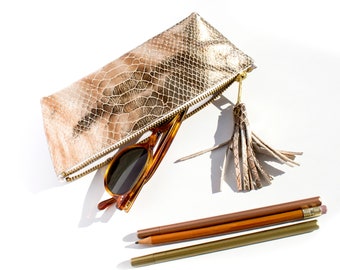 Python Pencil Case, Calf hair Cosmetic Pouch, Gold Snake Make up Bag, Gold Print Pencil Case, Snake sunglasses case, Reptile Leather Bag