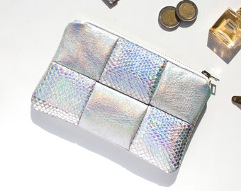 Holographic Checkered Leather Pouch, chess board silver Leather Bag, silver iridescent Clutch Bag, Metallic silver Pouch, Holo Zipper pouch