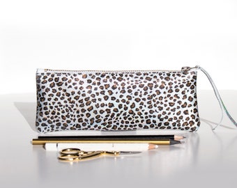 Silver Leopard Pencil Case, Metallic Leopard Pen Pouch, Leather Cosmetic Bag, Artist Pencil Case, Leopard Leather Case, Makeup Brush Bag