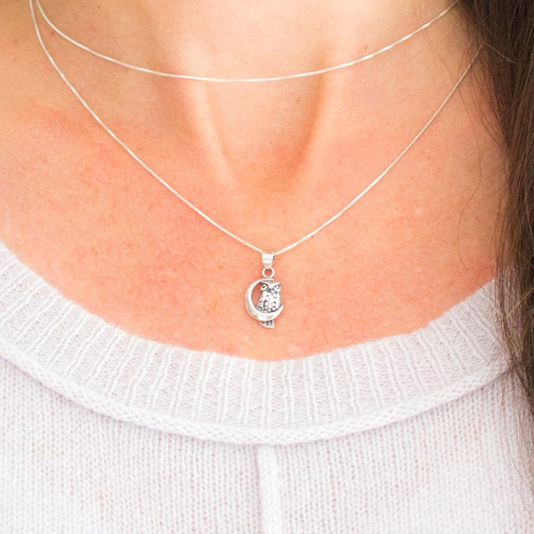 Tiny Owl Sitting On The Moon, Necklace Sterling Silver Owl Jewelry, Cute Owl necklace, Bird lover Jewelry, Wise Owl Pendant Necklace, Owl