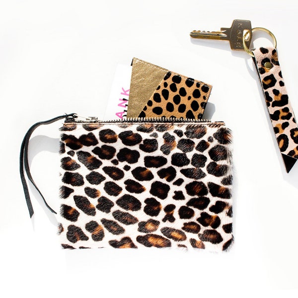 Leopard Leather Pouch, Leopard Leather Purse, Leopard Print Zipper Pouch, Leopard Coin Purse, Leopard Calf Hair Zipper Pouch