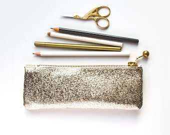 Gold Leather Pencil Case, Metallic Gold Pen Pouch, Gold Leather Cosmetic Bag, Metallic Gold Mini Pouch, Shiny Gold Leather Case