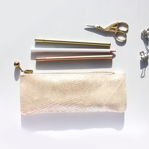 Champagne Gold Leather Pencil Case, Pastel Beige Pen Pouch, Slim Make up Bag, Pastel Ivory Zipper Pouch, Gold Leather Zip Pouch