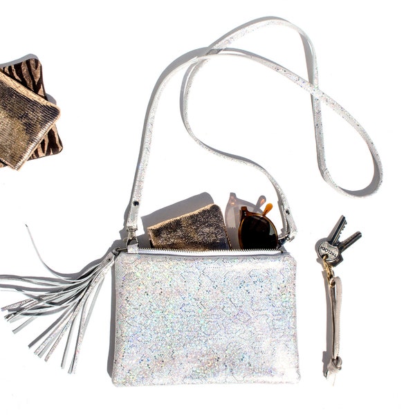 Silber Schlange Tasche, Leder Schultertasche, Silber Reptil Brauttasche, Silber Schlange Handtasche, Party Clutch, Silber Leder Clutch