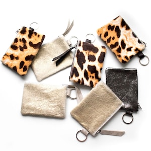 Portachiavi leopardato, piccolo portamonete in pelliccia, portamonete leopardato, piccolo marsupio ghepardo, portachiavi in pelle di vitello beige, portafoglio per carte di credito metallizzato