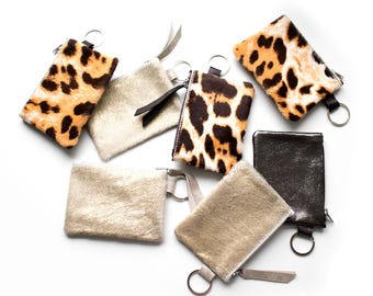 Leopard Keyring Pouch, Tiny Fur Coin Purse, Leopard Coin Purse, Small Cheetah Pouch, beige calf hair Key Pouch, Metallic Credit Card Wallet