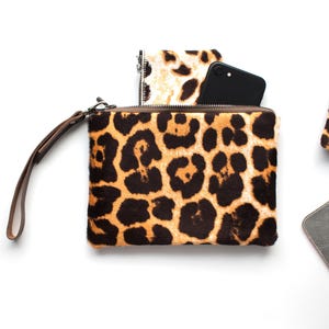 Bolso grande de piel de leopardo, monedero con cremallera de leopardo, neceser de leopardo, bolso de mano de piel de becerro marrón de leopardo, bolso de piel de becerro de guepardo