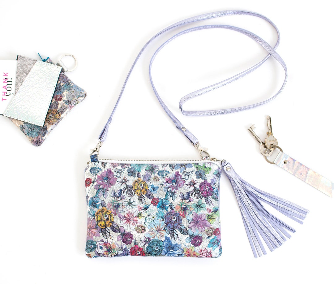 Violet Flower Leather Bag, Floral Leather Purse, Vintage Wedding Clutch, Silver Flower Shoulder