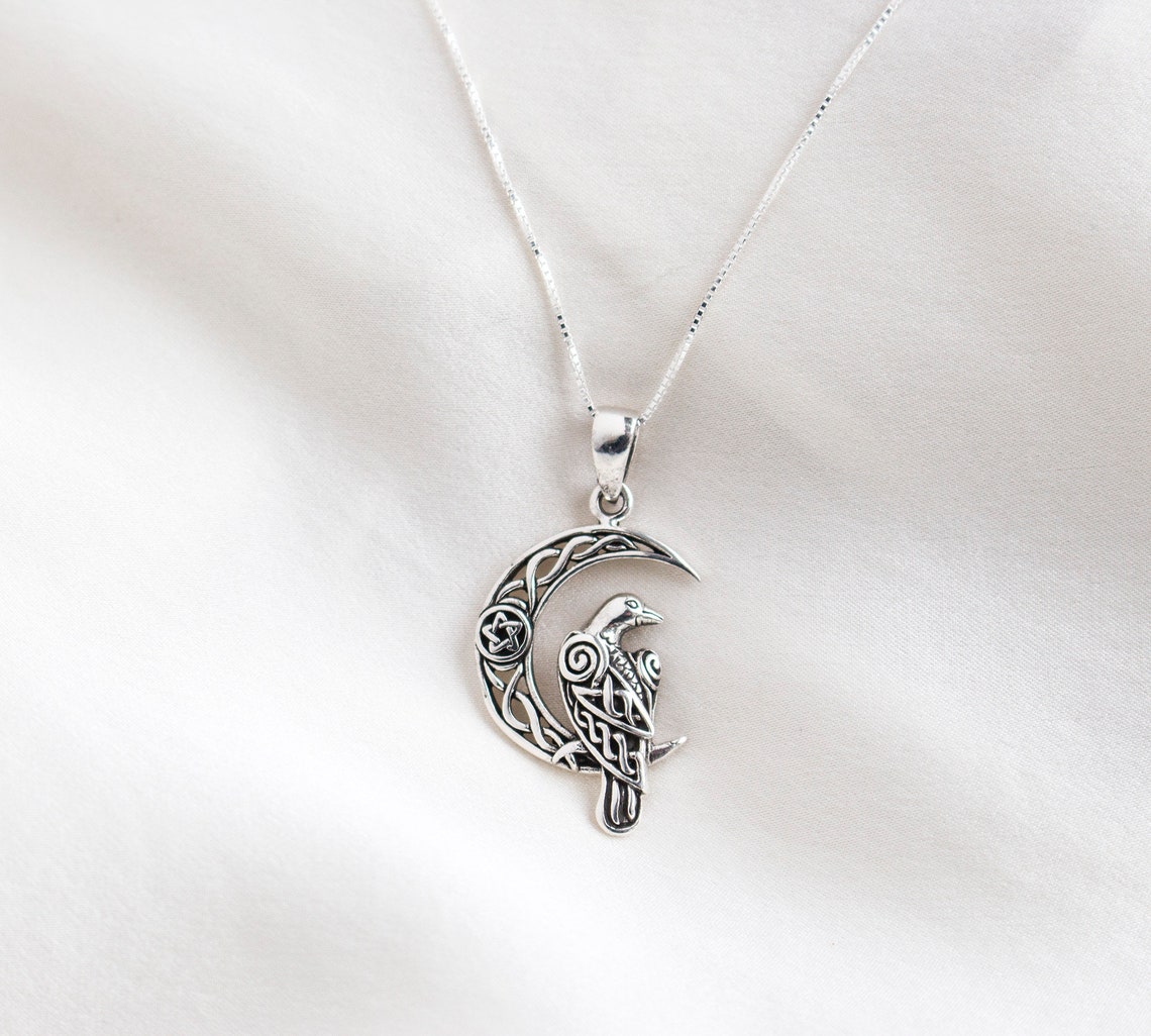 925 Silver Raven on Crescent Moon Pendant, Celtic Knot Raven Pendant ...