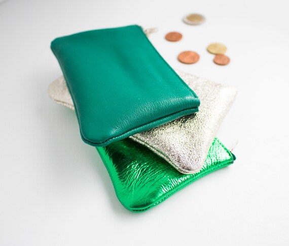 Small Green Leather Coin Pouch, Green Metallic Zipper Pouch, Gold