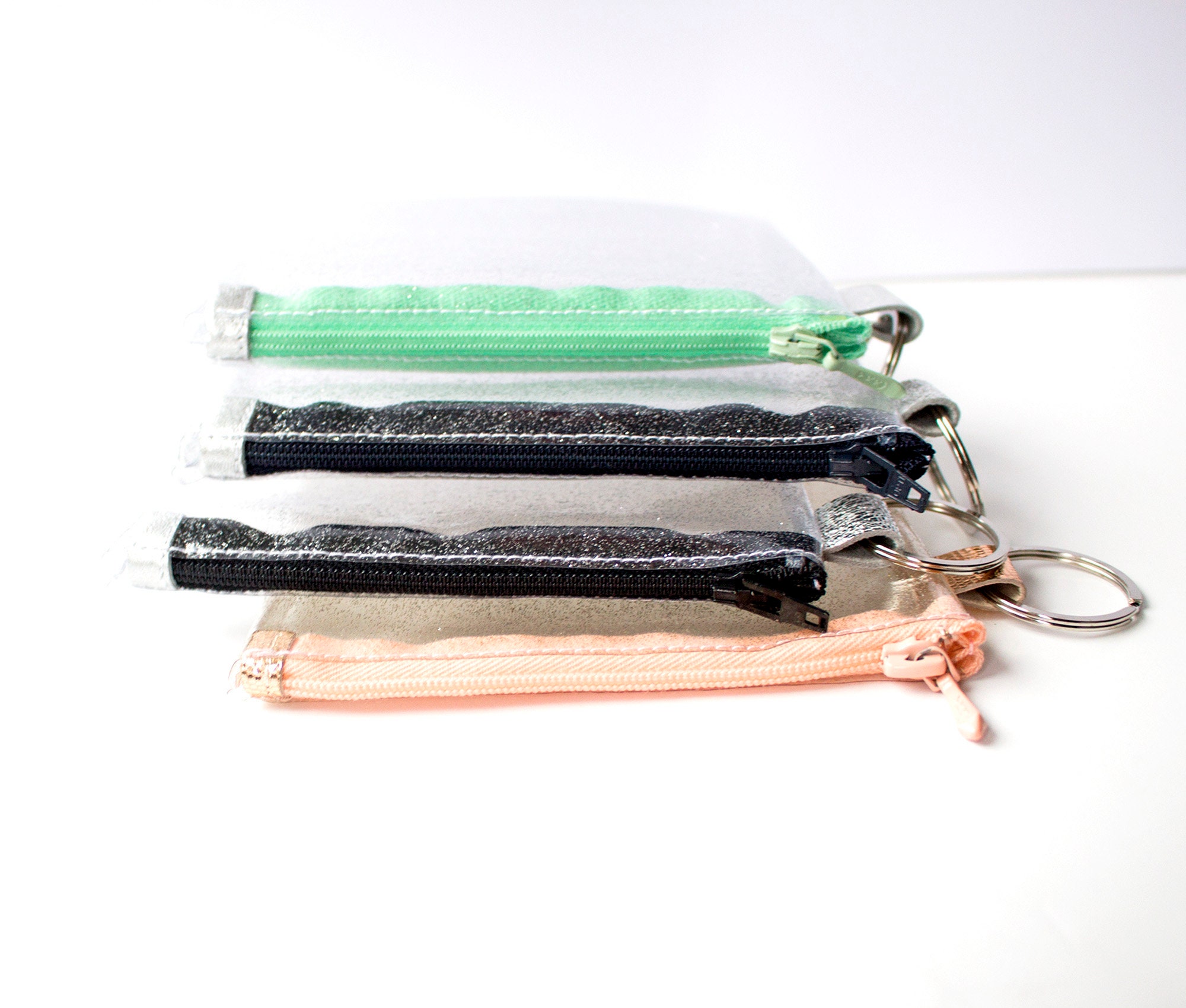 Transparent Keyring Zip Pouch, Plastic Zipper Pouch, Clear Glitter Zipper Case, Glitter ID Sleeve, Plastic Key Ring Pouch, Clear Coin Pouch
