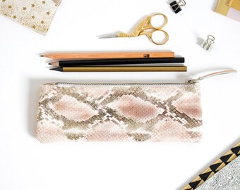 Pink Snake Leather Pencil Case, Pastel Pink Pen Pouch, Slim Python Cosmetic Bag, Pink Snake School Pencil Case, Reptile Embossed Pouchette