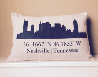 Nashville Cityscape - Nashville Coordinates - Natural Canvas Lumbar Pillow