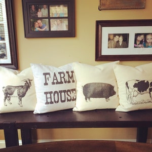 Farm House Collection -  Farm Animals - Cow, Pig, Goat, Farm House - Natural Canvas Pillows